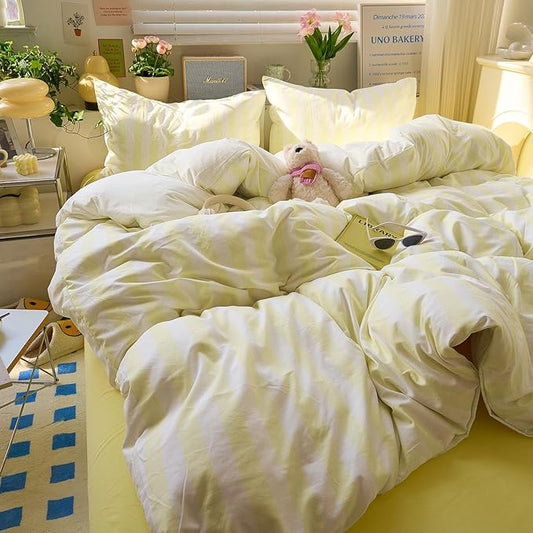 EAVD Yellow and White Vertical Striped Duvet Cover Queen Soft Washed Microfiber Farmhouse Yellow Striped Bedding Set with 2 Pillowcases Reversible Geometric Pattern Duvet Cover with Zipper Closure