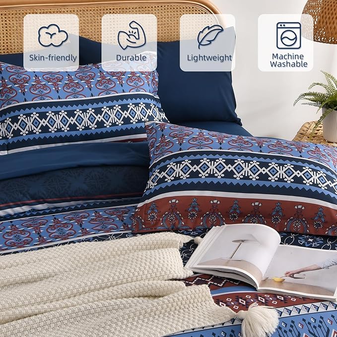 Boho Comforter Set Queen Size,7 Pieces Bohemian Comforter Bedding Set Bed in a Bag,Navy Blue Paisley Floral Comfortet and Sheet Set,Soft Striped Bedding Sets for All Season