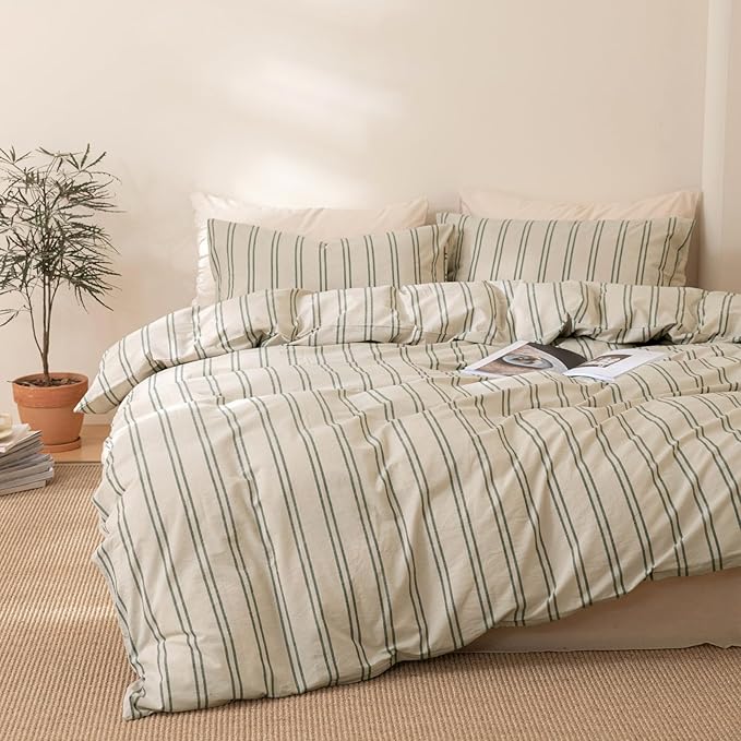 VM VOUGEMARKET Queen Comforter Set Green Striped Bedding Comforter with 2 Pillowcases Modern Farmhouse Style Lightweight Comforter Set for Boys Men