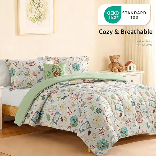Full Size Comforter Set for Girls - 4 Pieces Forest Friends Full Bedding Sets for Kids,1 Comforter, 2 Shams and 1 Decor Pillow
