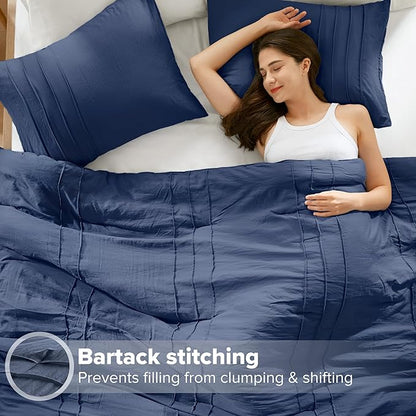Comfort Spaces Navy Twin Size Comforter Set - 2 Pieces Pintuck Pleated Bedding Sets, All Season Lightweight, Extra Softness Pre-Washed Microfiber Twin Bed Set, Shams, Twin