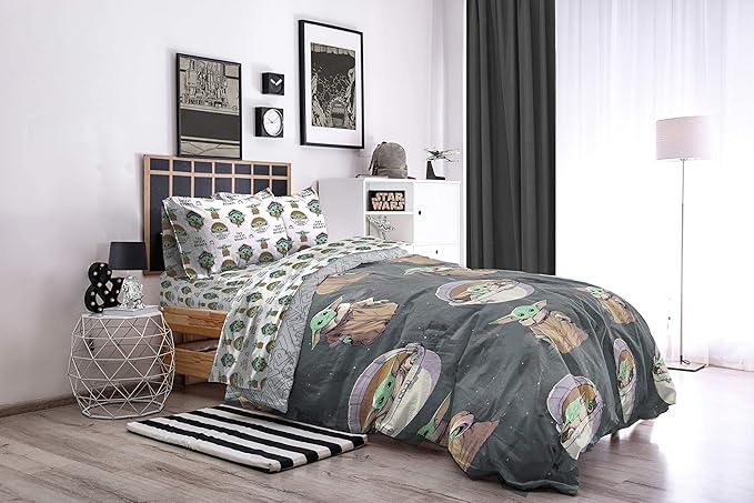 Jay franco StarWars The Mandalorian The Child 4 Piece Twin Bed Set-Includes Reversible Comforter&Sheet Set-Bedding Features Baby Yoda-Super Soft Fade Resistant Microfiber (Official StarWars Product)