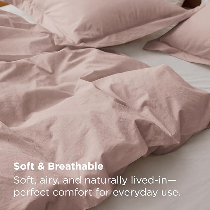 Bedsure 100% Washed Cotton Duvet Cover Queen Size - Petal Pink Minimalist Bedding Set Linen Like - PureWoven Plain Simple & Soft Comforter Cover for All Seasons (Petal Pink, Queen, 90"x90")