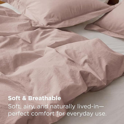 Bedsure 100% Washed Cotton Duvet Cover Full Size - Petal Pink Minimalist Bedding Set Linen Like - PureWoven Plain Simple & Soft Comforter Cover for All Seasons (Petal Pink, Full, 80"x90")