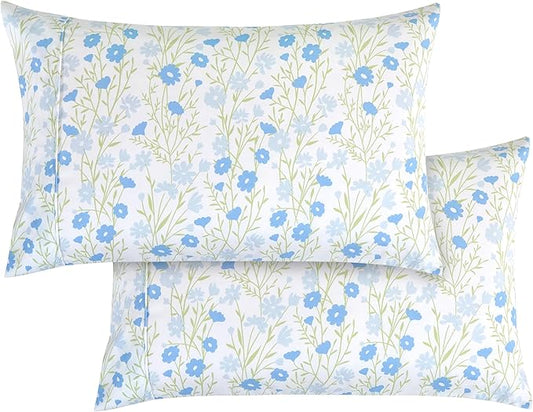 Elegant Comfort Ultra Soft Set of 2 Floral Print Pillowcases - 1500 Premium Hotel Quality Microfiber, Soft and Smooth Envelope Closure 2-Piece Pillow Covers - King, Blue Laurel
