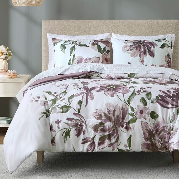 Madison Park King Comforter Set with Sheets, Floral Print, Microfiber Comforter, Shabby Chic Bed in a Bag Set Diamond Printed Sheet, Alice, King Mauve 7 Piece