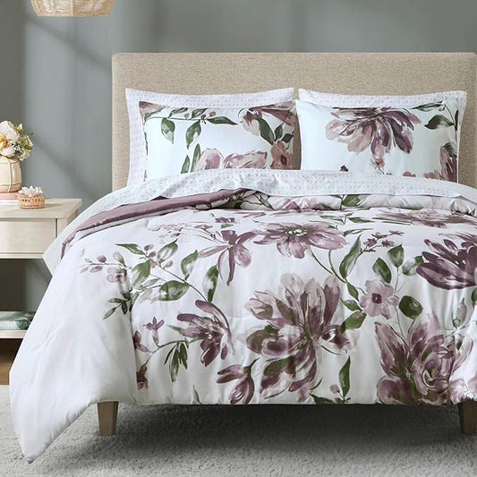 Madison Park King Comforter Set with Sheets, Floral Print, Microfiber Comforter, Shabby Chic Bed in a Bag Set Diamond Printed Sheet, Alice, King Mauve 7 Piece