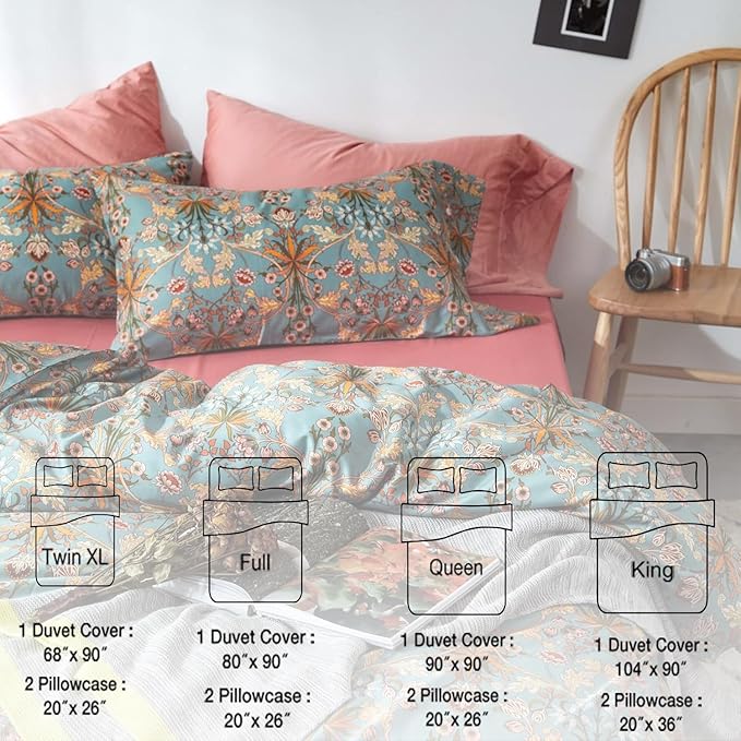 mixinni Vintage Style Garden Flower Duvet Cover Set with Zipper Closure Long Staple Percale Cotton Yellow Vibrant Pattern on Bedding Quilt Cover Set(King, All Season)