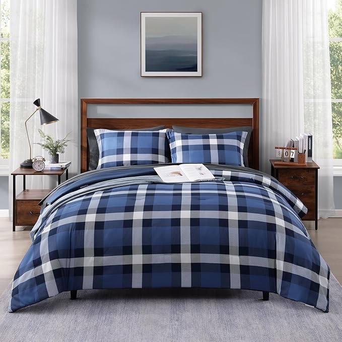 MaiRêve Full Size Plaid Comforter Set Indigo Blue, Classic Checkered 7 Pieces Bedding Set for Boys Girls Teen, All Season Lightweight Bed in A Bag with Sheets, Pillowcases & Shams