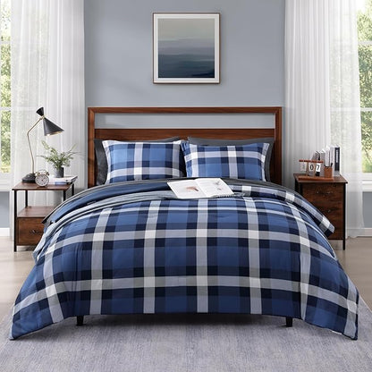 MaiRêve Full Size Plaid Comforter Set Indigo Blue, Classic Checkered 7 Pieces Bedding Set for Boys Girls Teen, All Season Lightweight Bed in A Bag with Sheets, Pillowcases & Shams