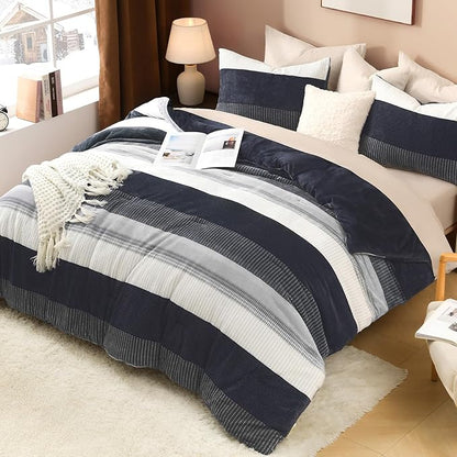 Litanika Fluffy Fleece King Size Comforter Set, Luxury Soft Plush Fuzzy Black Blue Stripe Bedding Comforter Sets, Warm Shaggy Faux Fur Bed Set All Season (1 Comforter, 2 Pillowcases)