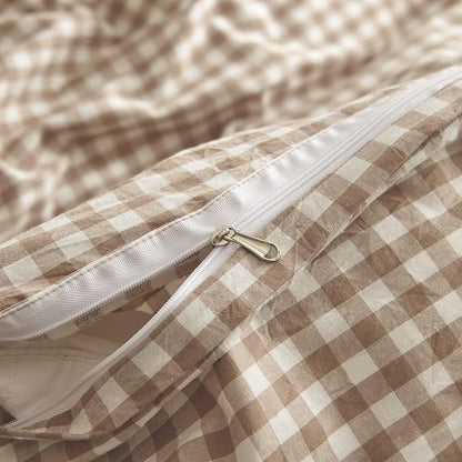Nayoroom Gingham Duvet Cover King Size 100% Washed Cotton Brown Tan Plaid Checkered Comforter Cover 3 Pcs Soft Breathable Grid Farmhouse Dorm Bedding Set for All Seasons