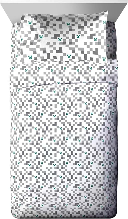 Jay Franco Minecraft Creeper Full Comforter Set - 7 Piece Gamer Bedding Includes Sheet Set & Pillow Covers - Super Soft Checkered Bedding