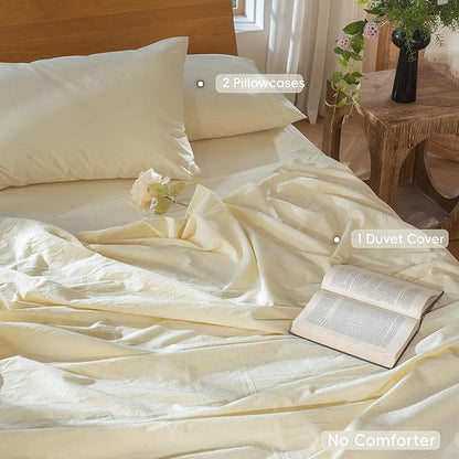 MooMee Bedding Duvet Cover Set 100% Washed Cotton Linen Like Textured Breathable Durable Soft Comfy (Solid Cream, King 104"x90")