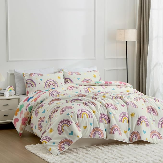 Btargot Lightweight Soft 3 Piece Rainbow Comforter Set with 2 Pillow Covers, Cartoon Love Hearts Suns and Stars Bedding Set for Girls Boys Kids, Full Purple