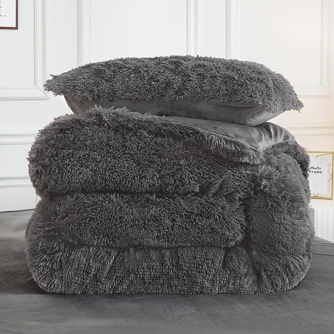 Andency Dark Grey Queen Comforter Set, 3 Pieces Fluffy Faux Fur Warm Soft Fuzzy Plush Gray Bedding Comforter Set, Thick Heavy Puffy Comfy Bedding Sets