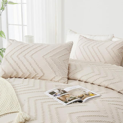Andency Oversized Queen Comforter Set, Beige Boho Cream Soft Warm Neutral Bedding Comforter Sets, 3 Pieces Aesthetic Chevron Farmhouse Cute Bohemian Textured Bed Set