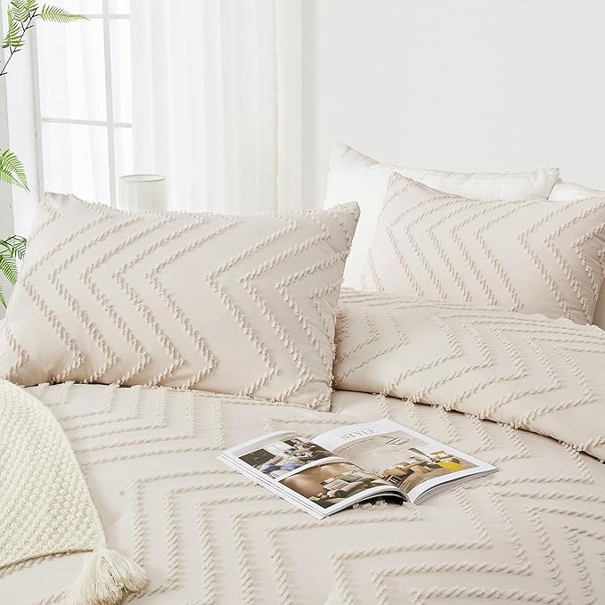 Andency California King Comforter Set Beige, Boho Cal King Cream Soft Warm Tufted Neutral Bedding Comforter Sets, 3 Pieces Cali King Aesthetic Chevron Farmhouse Cute Bohemian Textured Bedding Set