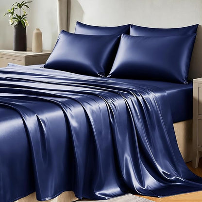 CozyLux Satin Sheets Full Size Sheets - 6 Piece Silky Full Size Bed Sheets, Luxury Navy Blue Full Bed Set with Smooth and Soft Microfiber, Includes 1 Fitted Sheet, 1 Flat Sheet and 4 Pillowcases