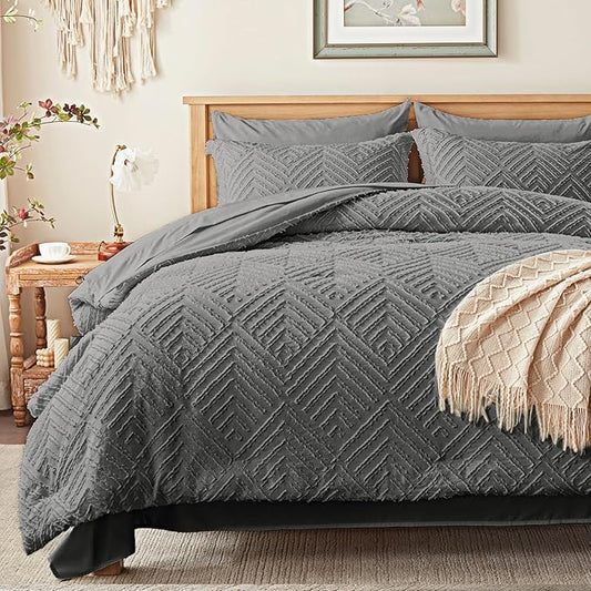 Zzlpp King Comforter Set 7 Pieces, Dark Grey Tufted Bed in a Bag with Comforter and Sheets, All Season Boho Bedding Sets with Comforter, 2 Pillow Shams, 2 Pillowcases, 1 Flat Sheet, 1 Fitted Sheet