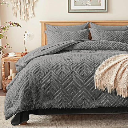 Zzlpp Twin Comforter Set 5 Pieces, Dark Grey Tufted Bed in a Bag with Comforter and Sheets, All Season Boho Bedding Sets with 1 Comforter, 1 Pillow Sham, 1 Pillowcase, 1 Flat Sheet, 1 Fitted Sheet