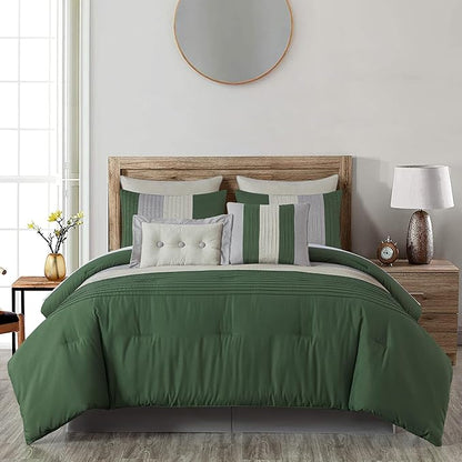 Chezmoi Collection Loft 8-Piece Full Comforter Set, Forest Green/Gray/Cream Luxury Striped Bedding for All Season
