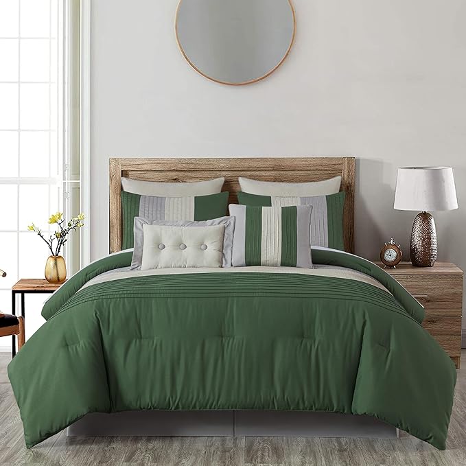 Chezmoi Collection Loft 8-Piece California King Comforter Set, Forest Green/Gray/Cream Luxury Striped Bedding for All Season