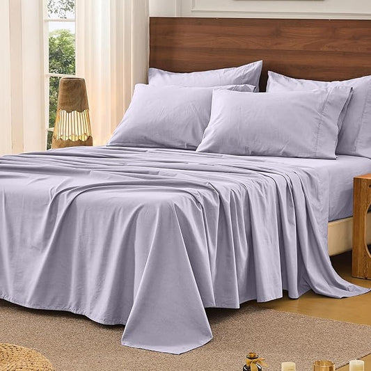 Bedlifes 100% French Pure Linen Sheets King Size Breathable and Cooling Flax Sheet Set Soft Durable and Moisture Wicking 16 Inch Deep Pocket-4 Piece(King,Lavender)