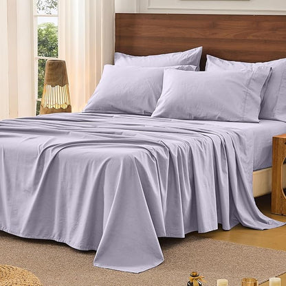 Bedlifes 100% French Pure Linen Sheets California King Size Breathable and Cooling Flax Sheet Set Soft Durable and Moisture Wicking 16 Inch Deep Pocket-4 Piece(Cal King,Lavender)