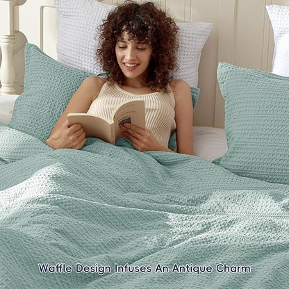 PHF Soft Waffle Comforter Set Queen Size- Comfy Breathable Waffle Weave Comforter with 2 Pillow Shams, 3 Pieces Less Snagging Lightweight Textured Bedding Set for All Season, Aqua