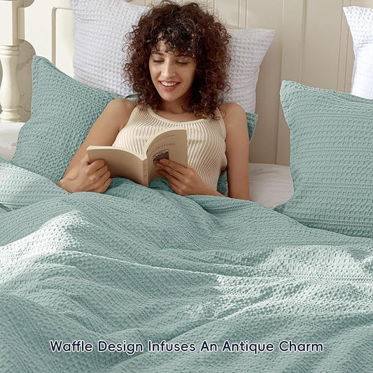 PHF Soft Waffle Comforter Set Queen Size- Comfy Breathable Waffle Weave Comforter with 2 Pillow Shams, 3 Pieces Less Snagging Lightweight Textured Bedding Set for All Season, Aqua