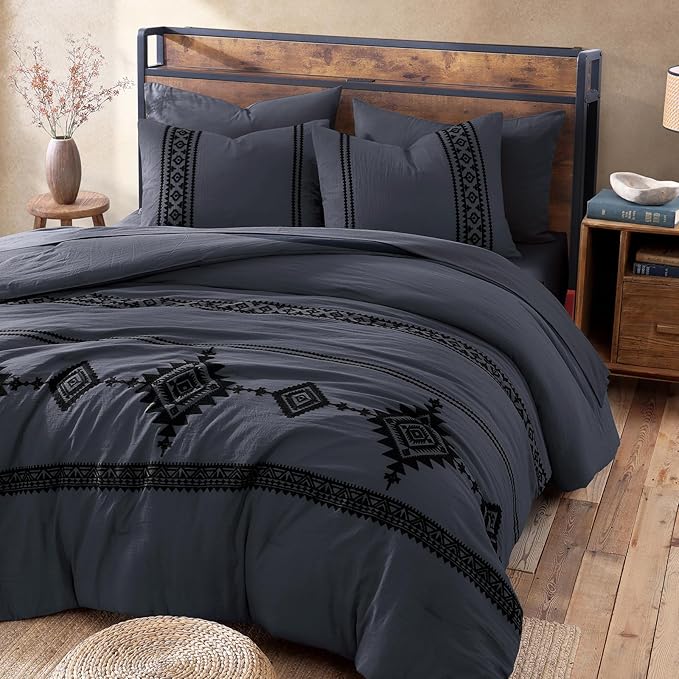MaiRêve Embroidery Full Size Comforter Set Crown Blue, Farmhouse Western Boho Bedding Set 7 Pieces, All Season Bed in A Bag Comforter Set with Sheets, Pillowcases & Shams