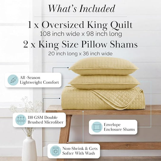 Southshore Fine Living, Inc. King Quilt Bedding Set, Soft, Lightweight Quilt, King Size Coverlet, Stain & Pet Hair Resistant Bedding, Standard or California Size with 2 Pillow Shams, Gold