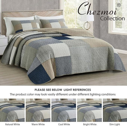 Chezmoi Collection Addy 3-Piece Navy Blue White Gray Taupe Plaid Patchwork Quilt Set - Pre-Washed Cotton Quiltd Lightweight Reversible Bedspread for All Seasons, Oversized King Size