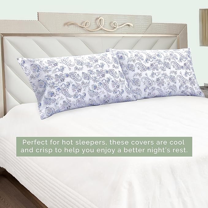 Elegant Comfort Ultra Soft Set of 2 Floral Print Pillowcases - 1500 Premium Hotel Quality Microfiber, Soft and Smooth Envelope Closure 2-Piece Pillow Covers - Standard/Queen, Paisley Indigo