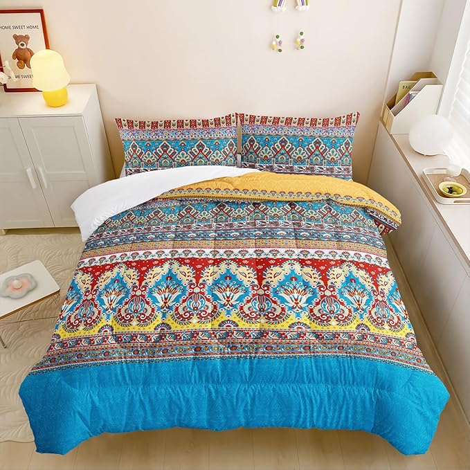 Paisley Bohemian Comforter Sets Full Size,Colorful Boho Chic Medallion Exotic Bedding Set for Your Room,Abstract Soft Lightweight Quilted Set All Season,1 Comforter and 2 Pillowcases