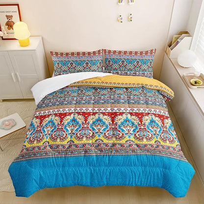 Paisley Bohemian Comforter Sets Full Size,Colorful Boho Chic Medallion Exotic Bedding Set for Your Room,Abstract Soft Lightweight Quilted Set All Season,1 Comforter and 2 Pillowcases