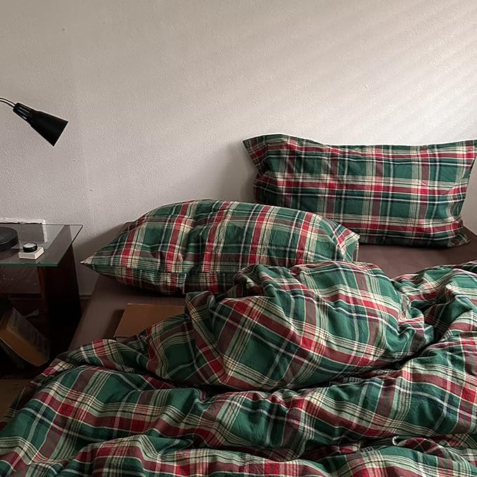 MKXI Vintage Buffalo Plaid Duvet Cover Set 3-Piece | 100% Washed Cotton Reversible Bedding Green/Red Checkered Twin Size with Zipper & Corner Ties Farmhouse & Shabby Chic Design