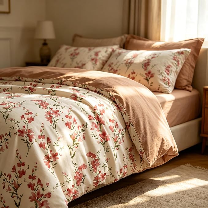 Vintage Floral Comforter Set Queen Size, Cottagecore Soft Microfiber Bedding Set with Retro Flowers Pattern, 3Pieces All Season Lightweight Summer Comforter Set for Girls
