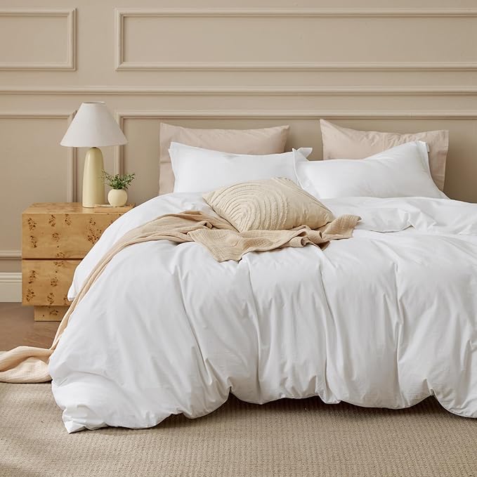 Bedsure 100% Washed Cotton Duvet Cover Cal King - Natural White Minimalist Bedding Set Linen Like - PureWoven Plain Simple & Soft Comforter Cover 3-Piece, Natural White, California King, 104"x98"