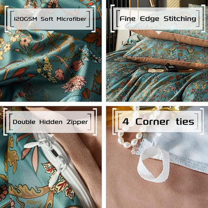 Vintage Style Duvet Cover Set,5 PCS Boho Comforter Cover Set,Paisley Floral Bedding Set,Green Floral Duvet Cover,King Duvet Cover,Soft Reversible Design(Autumn,King/California King)