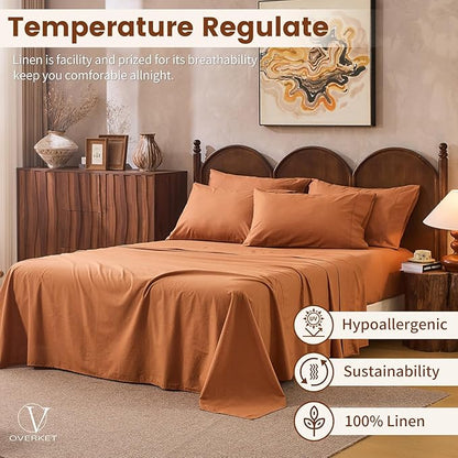 100% Linen Sheets Queen Size,Breathable & Durable 4-Piece Bed Flax Sheet Set,Soft All-Season Bedding for Hot Sleepers 16" Deep Pocket Oeko-TEX Certified,（Queen, Brown）
