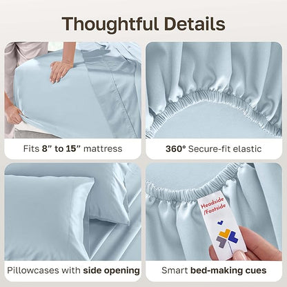 California Design Den Luxury Sheets Set for Split King Adjustable Bed, Soft 100% Cotton, 500 Thread Count Sateen Sheets for Bed, Snug Fit, Includes Twin-XL Fitted Sheets - Blue (Grey Tone)