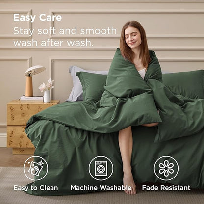 Bedsure 100% Washed Cotton Duvet Cover Queen Size - Olive Green Minimalist Bedding Set Linen Like - PureWoven Plain Simple & Soft Comforter Cover for All Seasons (Olive Green, Queen, 90"x90")