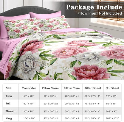 Valentine's Day Comforter Set Queen Size, Floral Botanical 7 Pcs Bedding for Kids and Adults, Peony Vintage Rose Bed Sheet Sets with Fitted Sheet 2 Pillowcases & 2 Shams for Bedroom Bed Decor