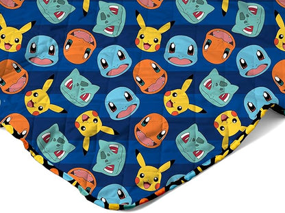 Northwest Pokémon Striped Favorites Quilted Throw Blanket – Oversized Blanket Featuring Pikachu, Charmander, Bulbasaur & Squirtle, Soft and Comfy for Bed, Couch, 60 x 80 Inches