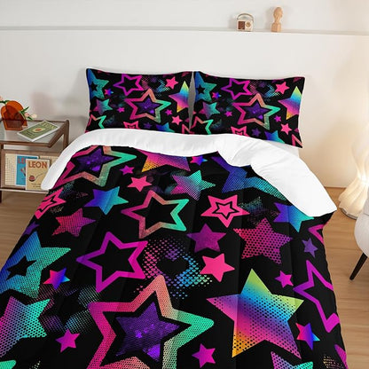 Kawaii Color Star Comforter Set Kids Bedroom Set,Neon Light Star Bedding Queen Size Comforter Sets for Boys Girls Room Decor,Aesthetic Bedding Sets with 2 Pillowcases.