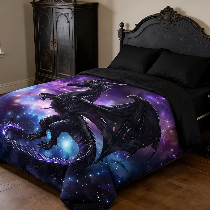 Fantasy Dragon Bedding Set Purple Blue Nebula Comforter Set Queen Size Mysterious Outer Space Bedding Set for Kids Boys Girls Teens Room Decor Safari Wildlife Animals Quilt Set
