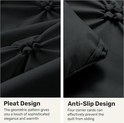 UNIKOME Queen Comforter Set Black - Ultra Soft Boho Pintuck Down Alternative Bedding Set for All Seasons, 3 Pieces Lightweight Warm Pinch Pleat Bed Set with Comforter, 2 Pillowcases