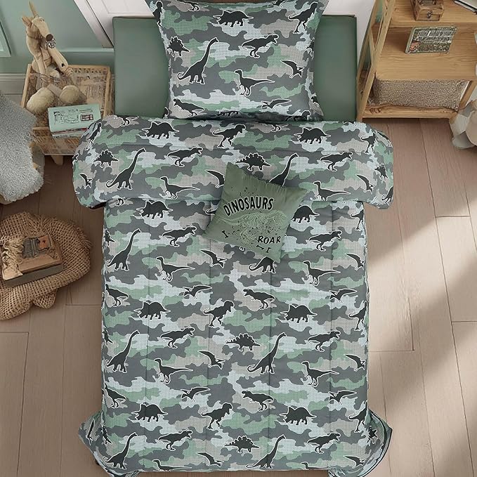 Twin Comforter Set for Boys-3 Pieces Dinosaur Glow in the Dark Twin Bedding Sets for Kids,1 Comforter,1 Sham and 1 Decor Pillow